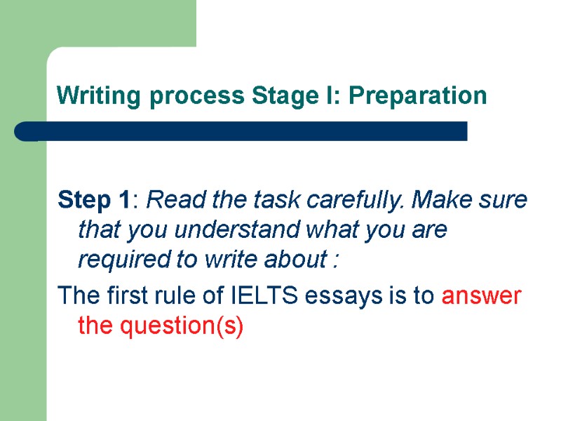 Writing process Stage I: Preparation  Step 1: Read the task carefully. Make sure